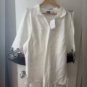 Nikki Valenti NWT 100% Irish linen white top black embroidered size 24